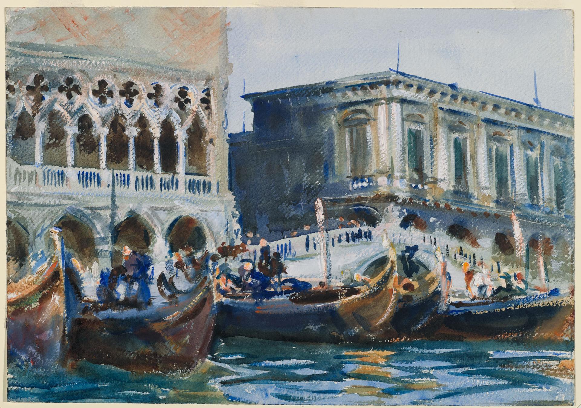 Watercolor painting depicting gondolas near Venetian palaces and a bridge