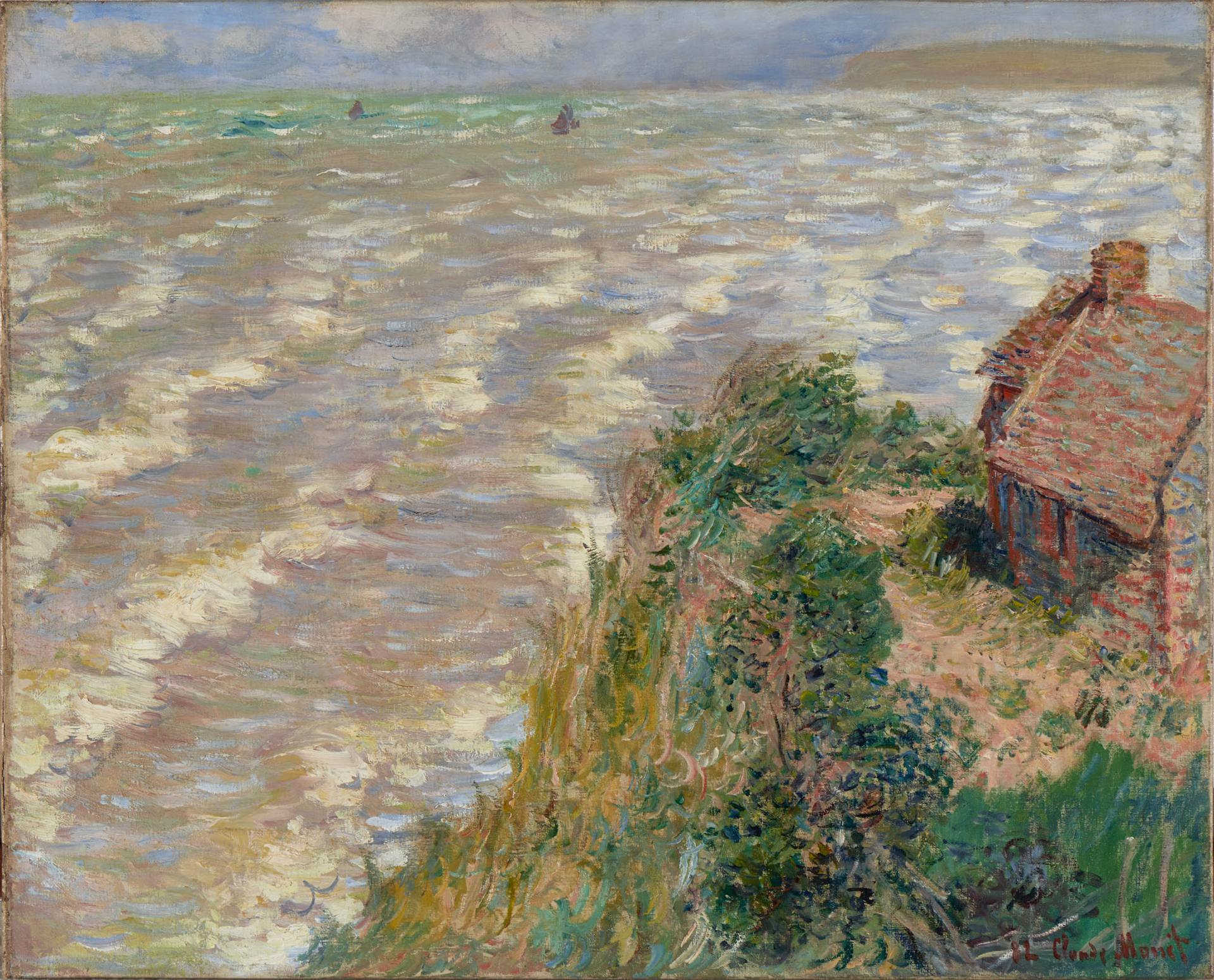 Impressionist seascape showing waves crashing below a cliffside cottage