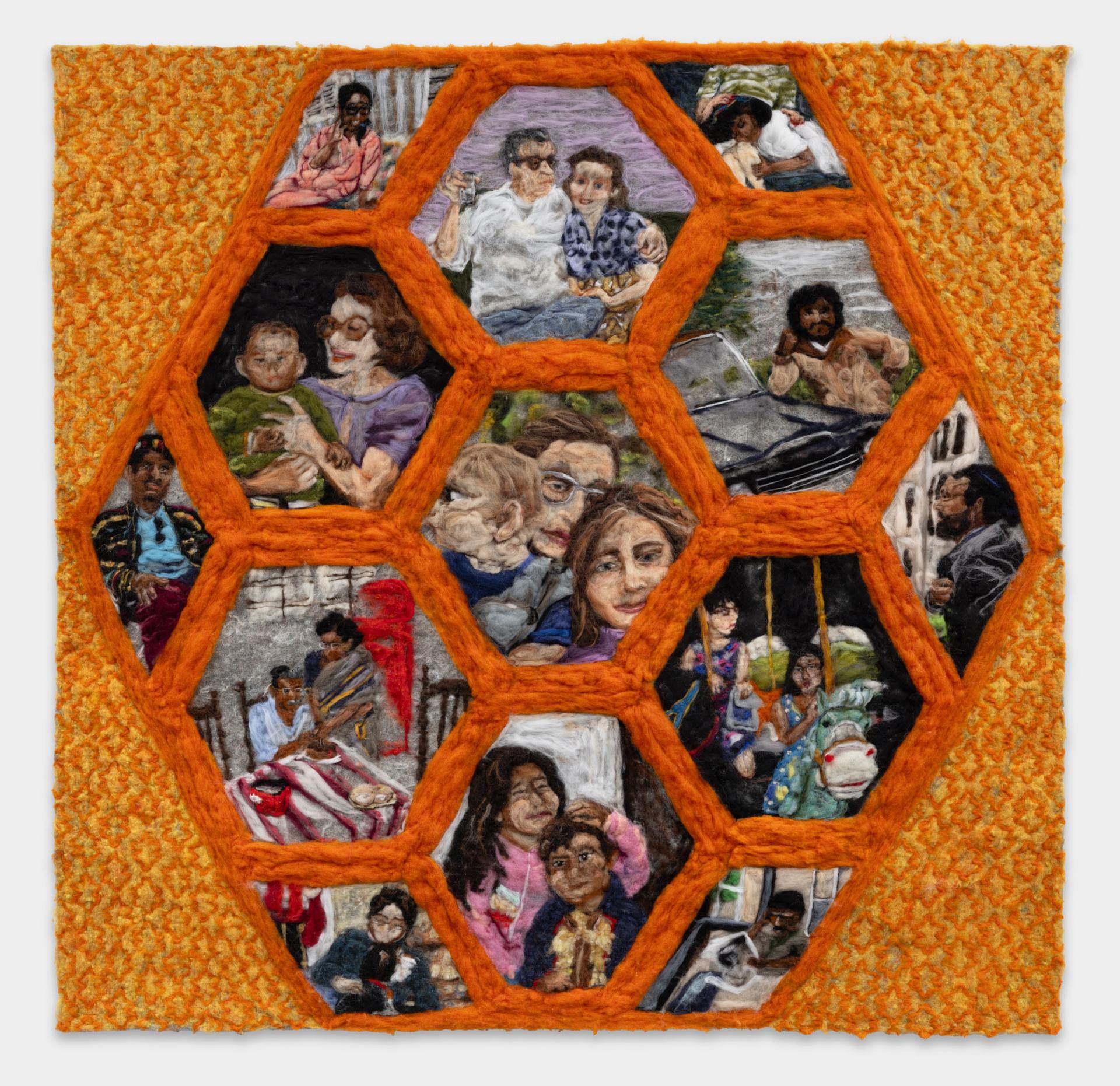 Felted artwork showing families framed in orange hexagons