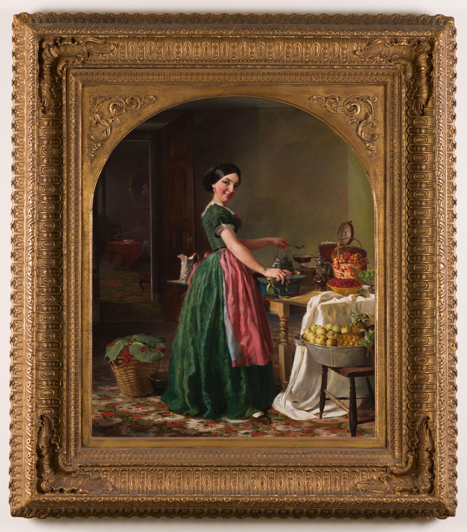 A framed painting of a women in a green dress and pink apron, cooking at a table and smiling at the viewer