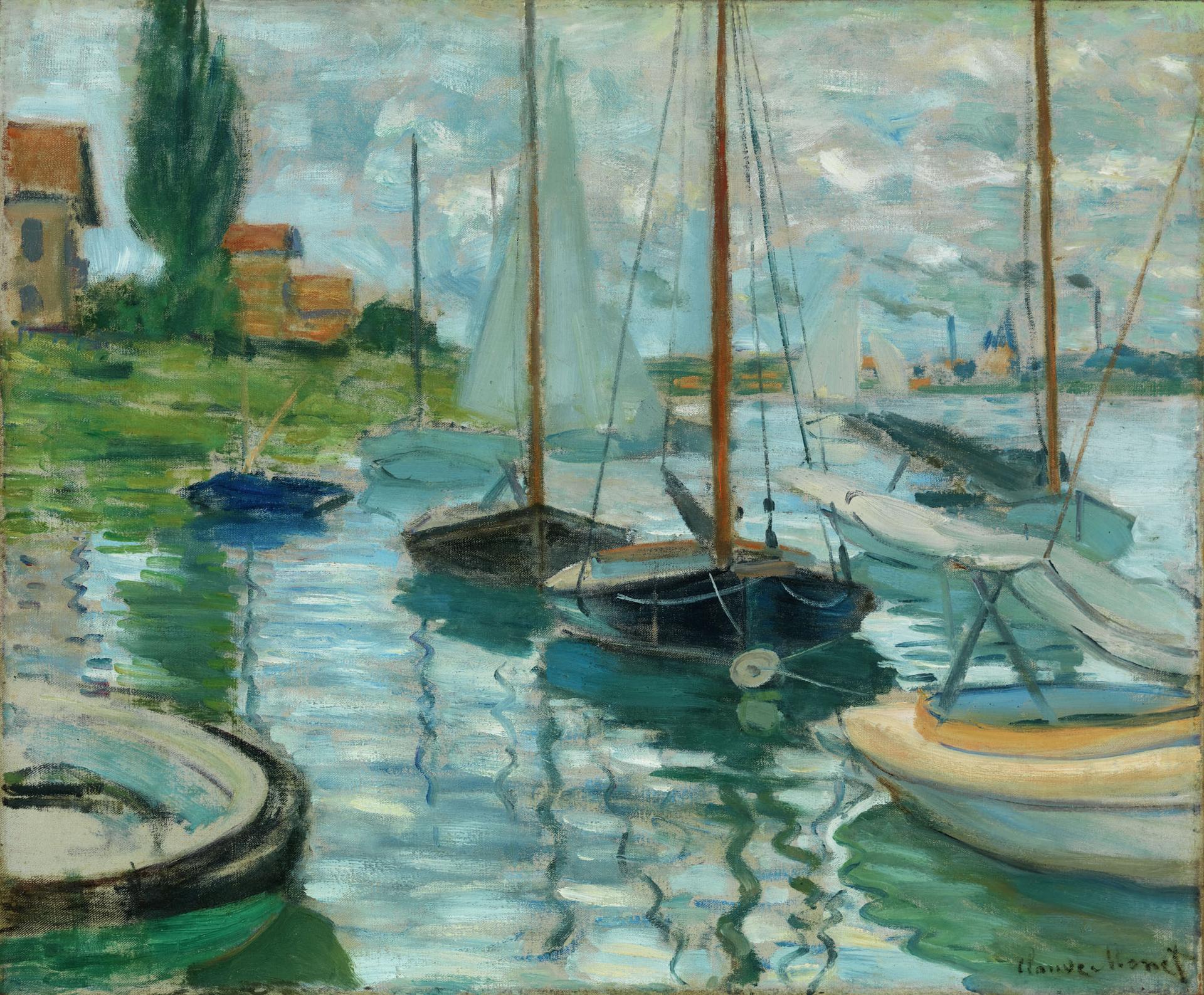 Impressionist painting of sailboats docked on a reflective river