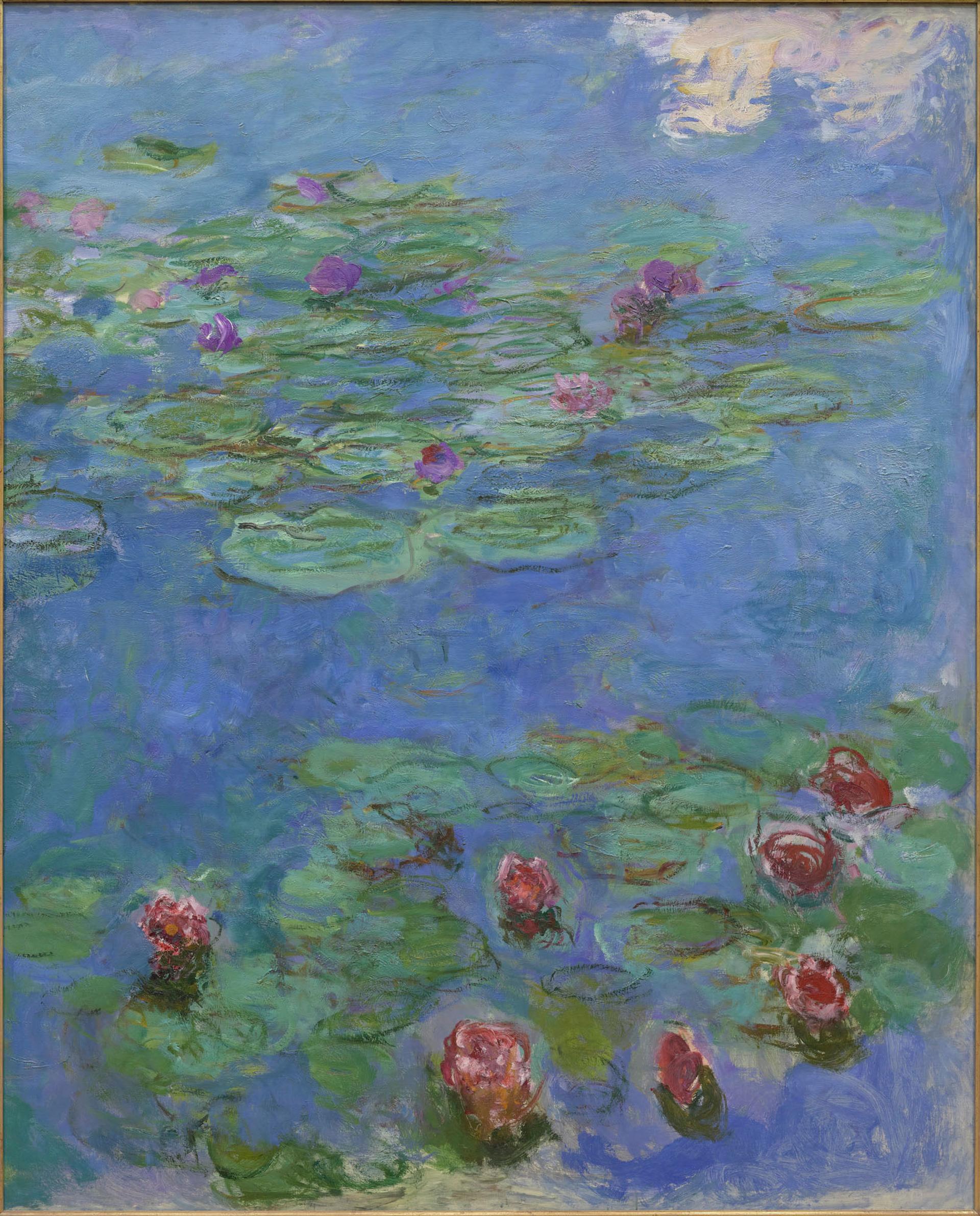 Impressionist painting depicting water lilies floating on a pond