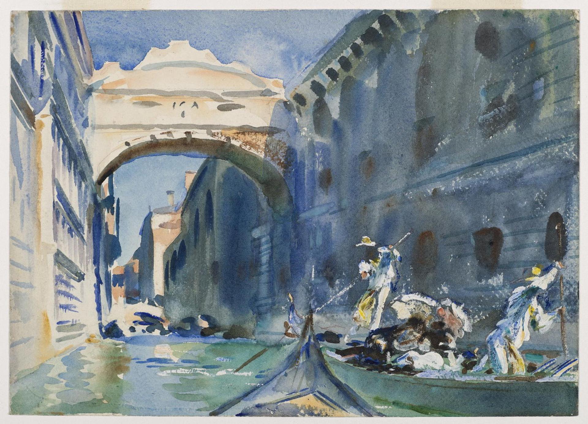 Watercolor painting showing gondoliers rowing under Venice’s Bridge of Sighs