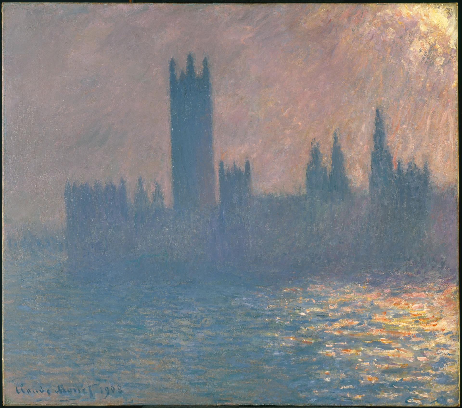 Impressionist painting depicting Houses of Parliament at sunset