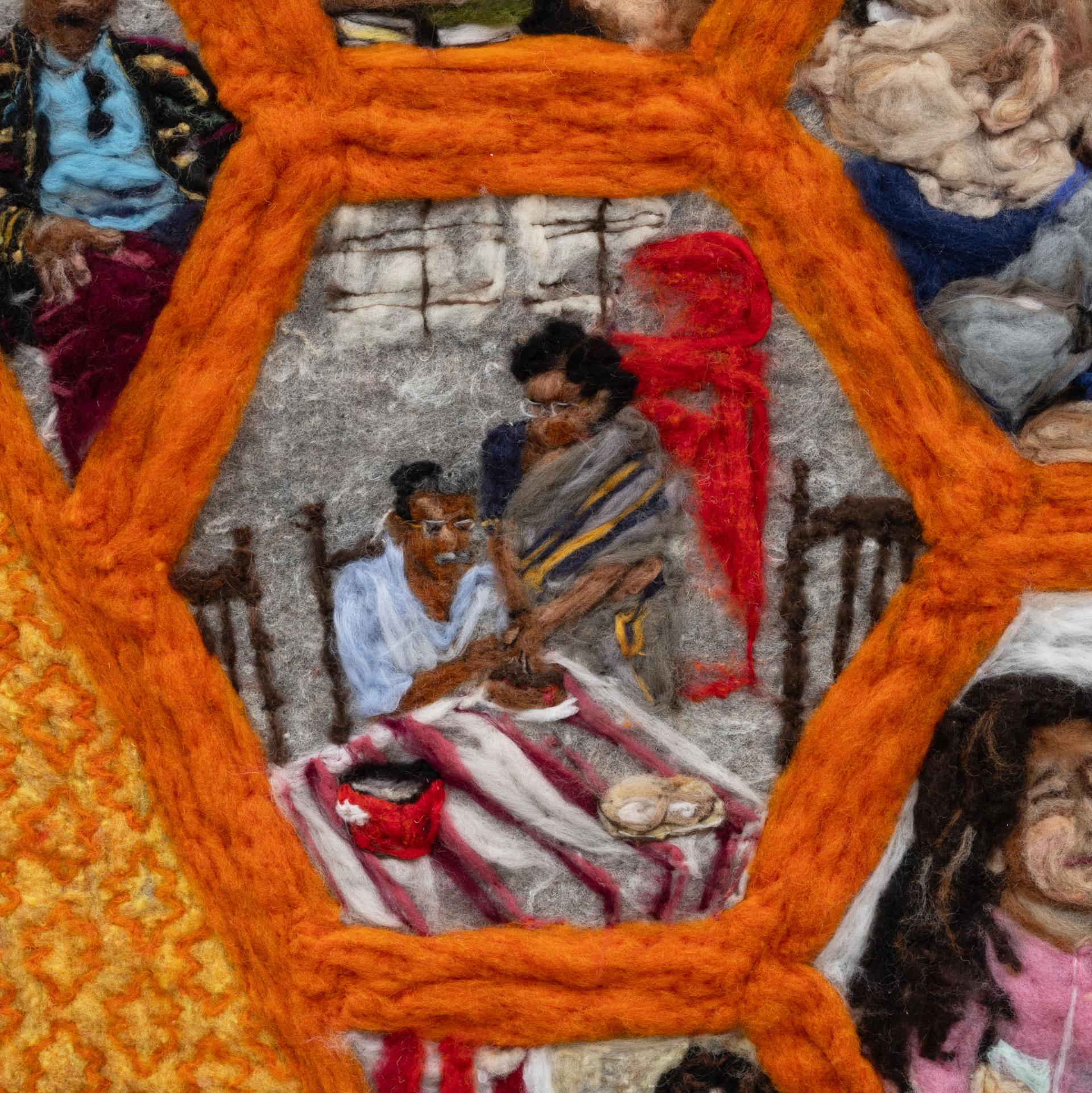 Detail of felted artwork showing a family framed in an orange hexagon