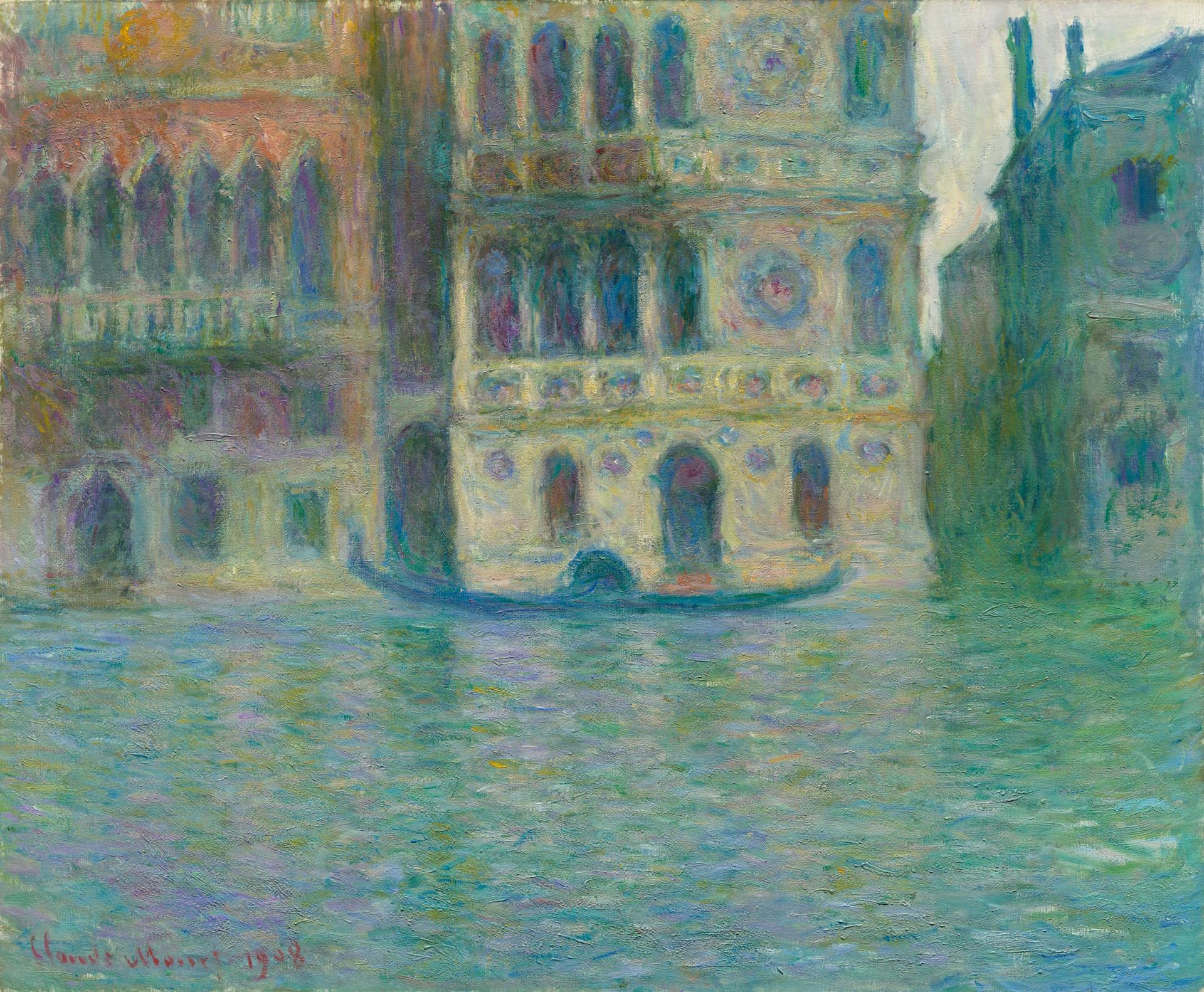 Painting of a gondola gliding past a Venetian palace on a shimmering canal