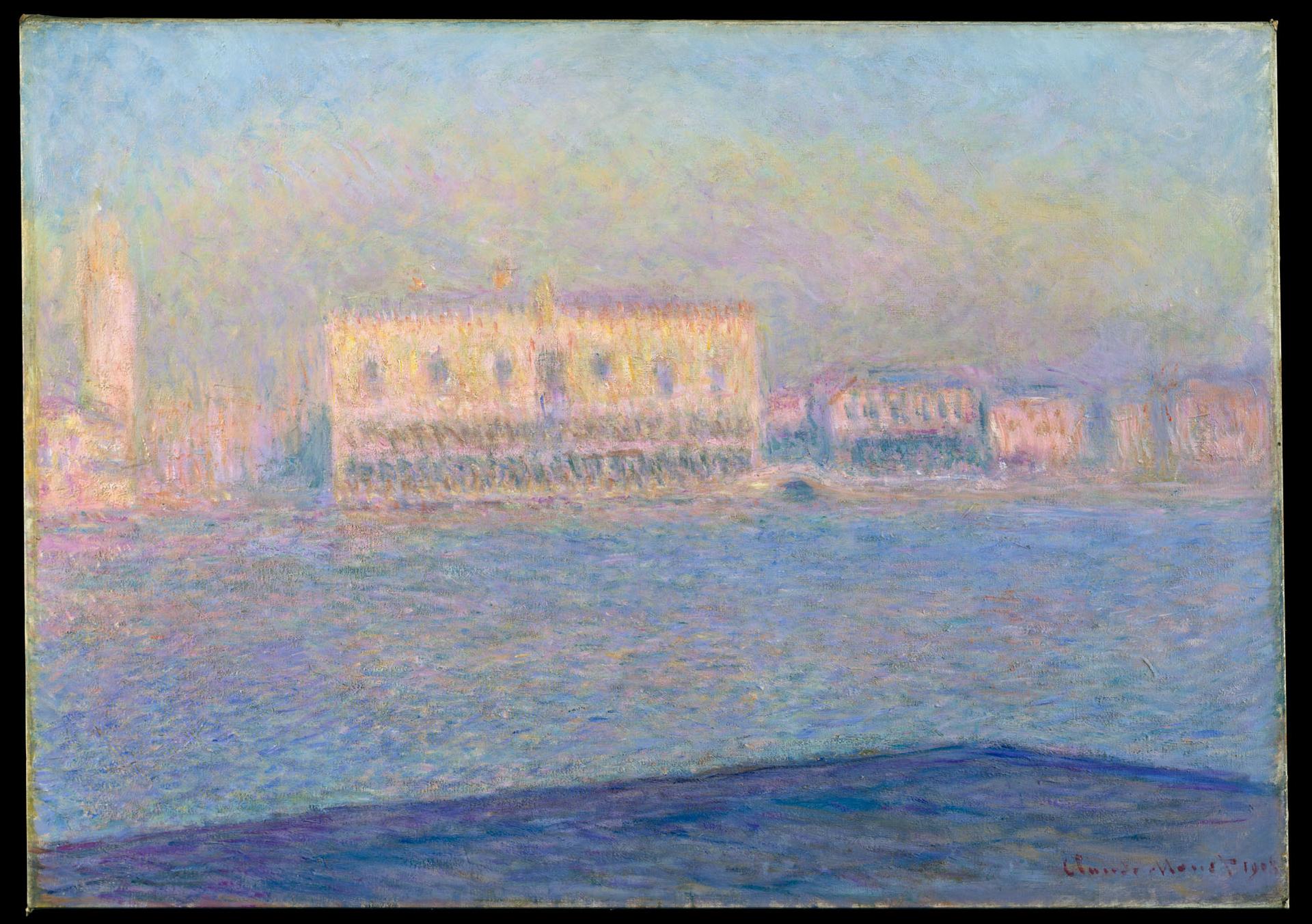 Impressionist painting depicting Venetian buildings across shimmering water
