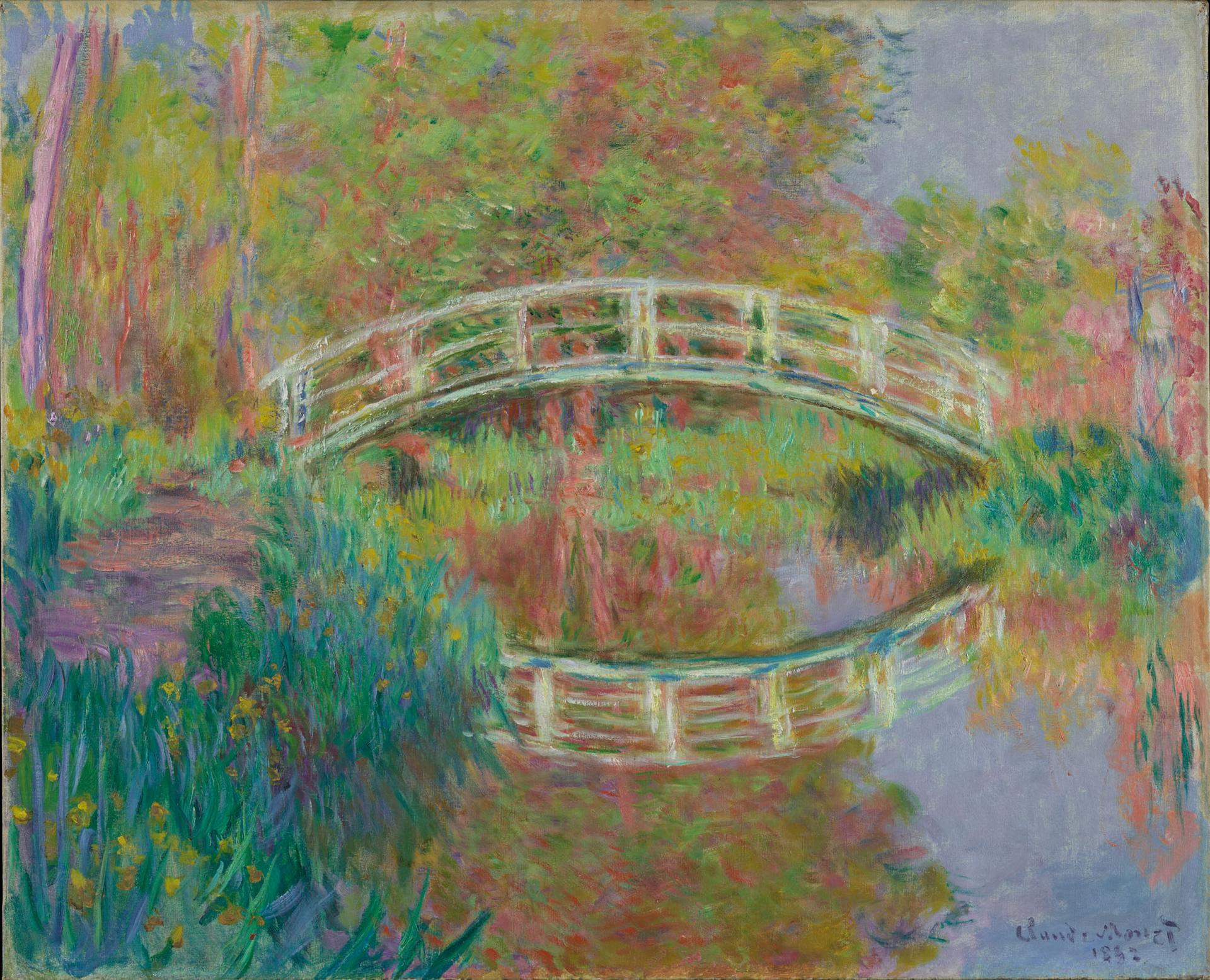 Impressionist painting of a white footbridge over a lily pond