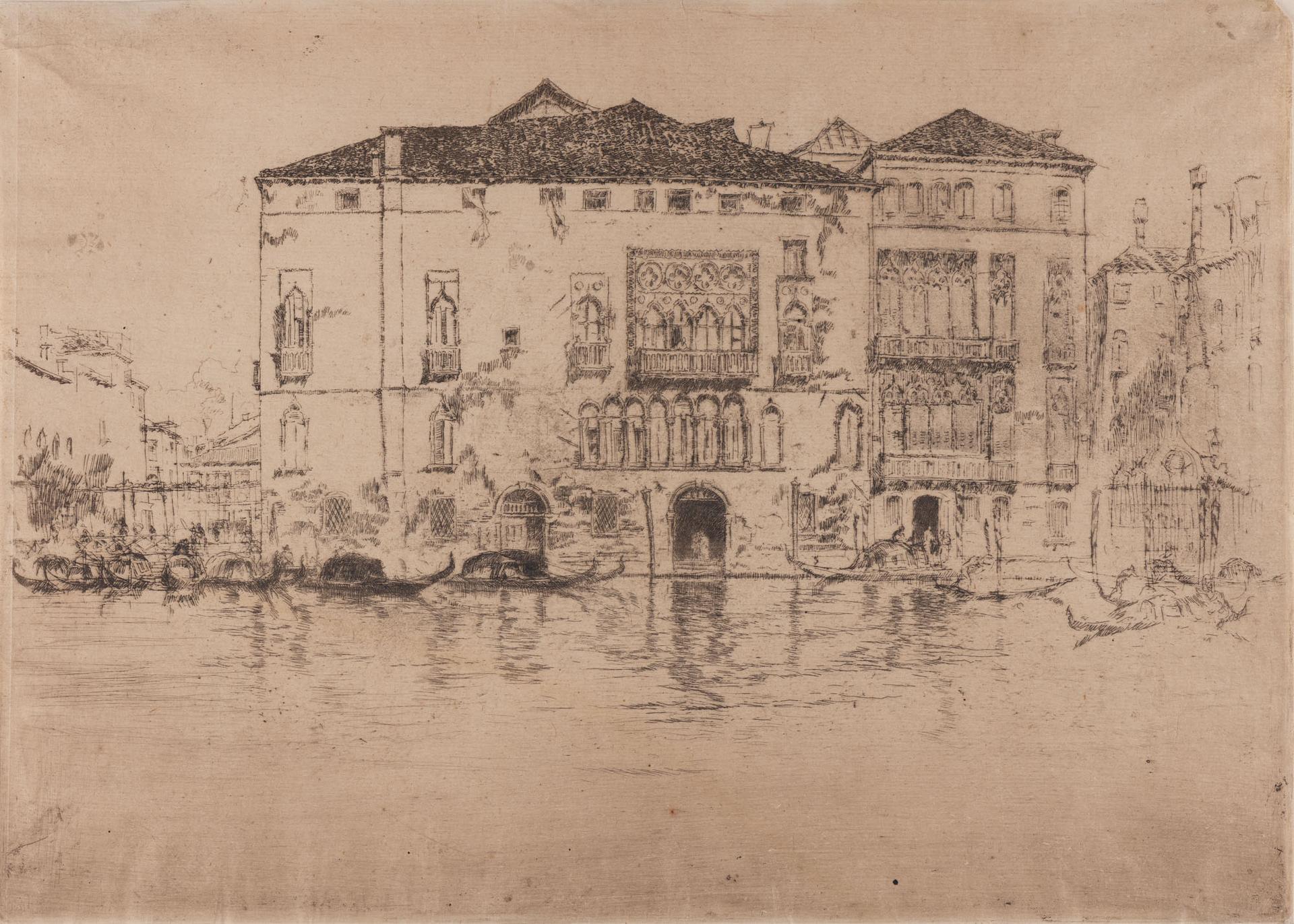 Etching of Venetian palaces with gondolas lining the canal