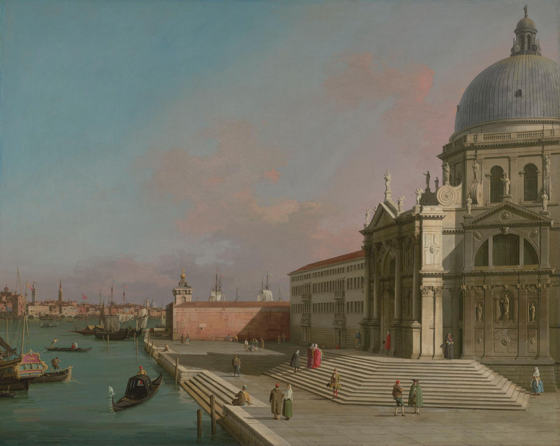 Classical painting depicting a Venetian canal, church, and pedestrians