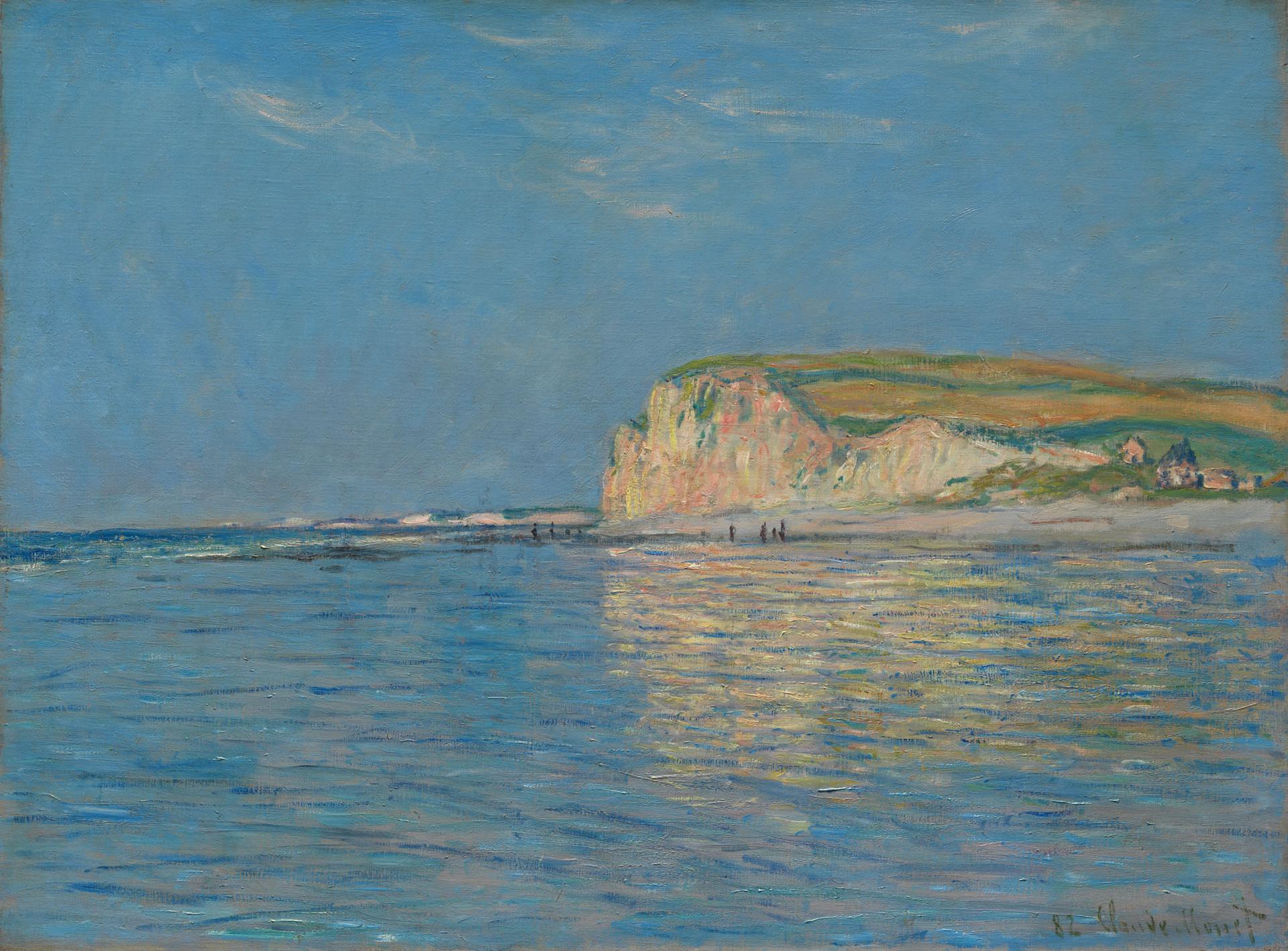 Impressionist seascape with sunlit cliffs reflecting on calm water