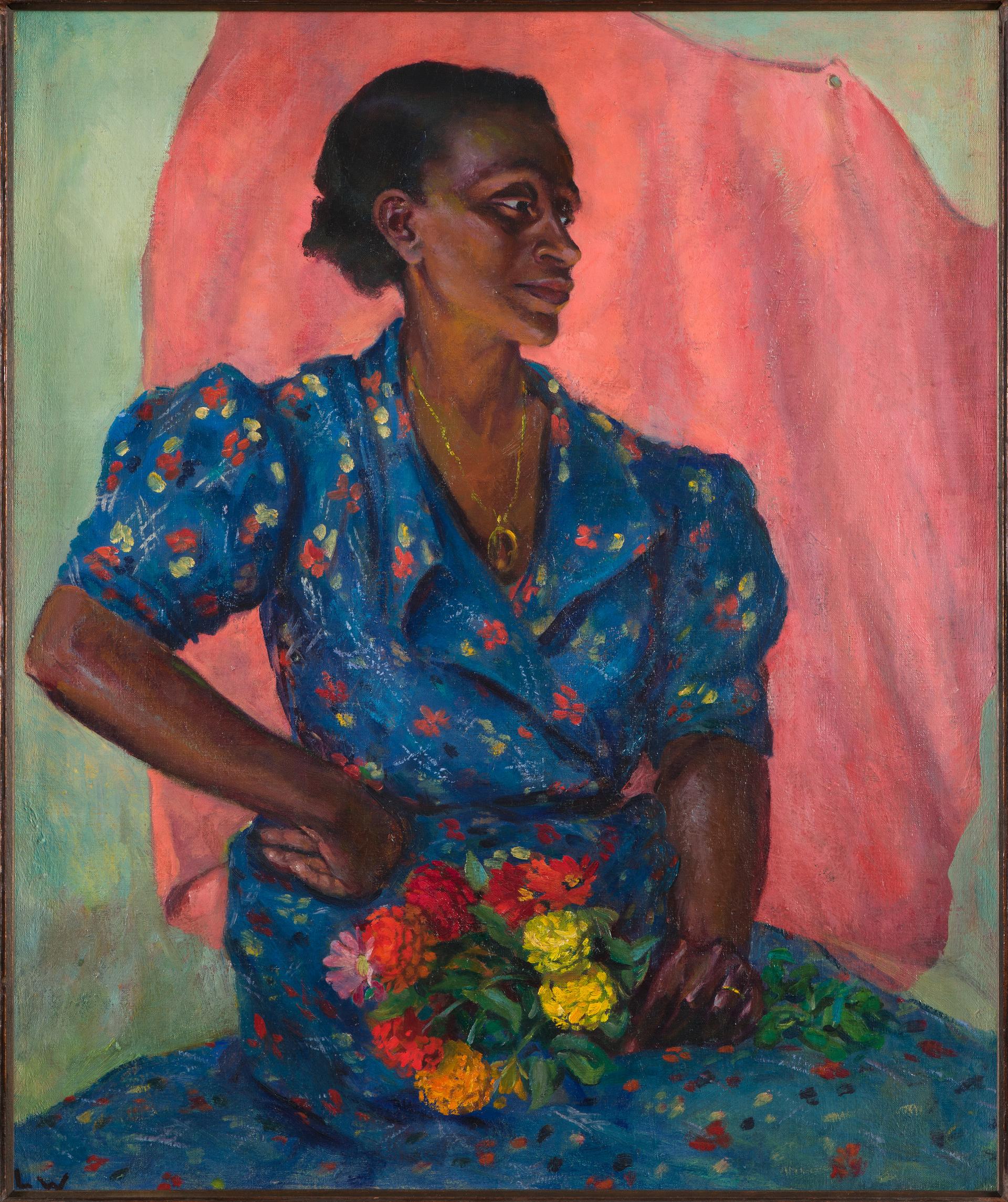A painting of a woman in a blue dress holding a bouquet with a hand on one hip