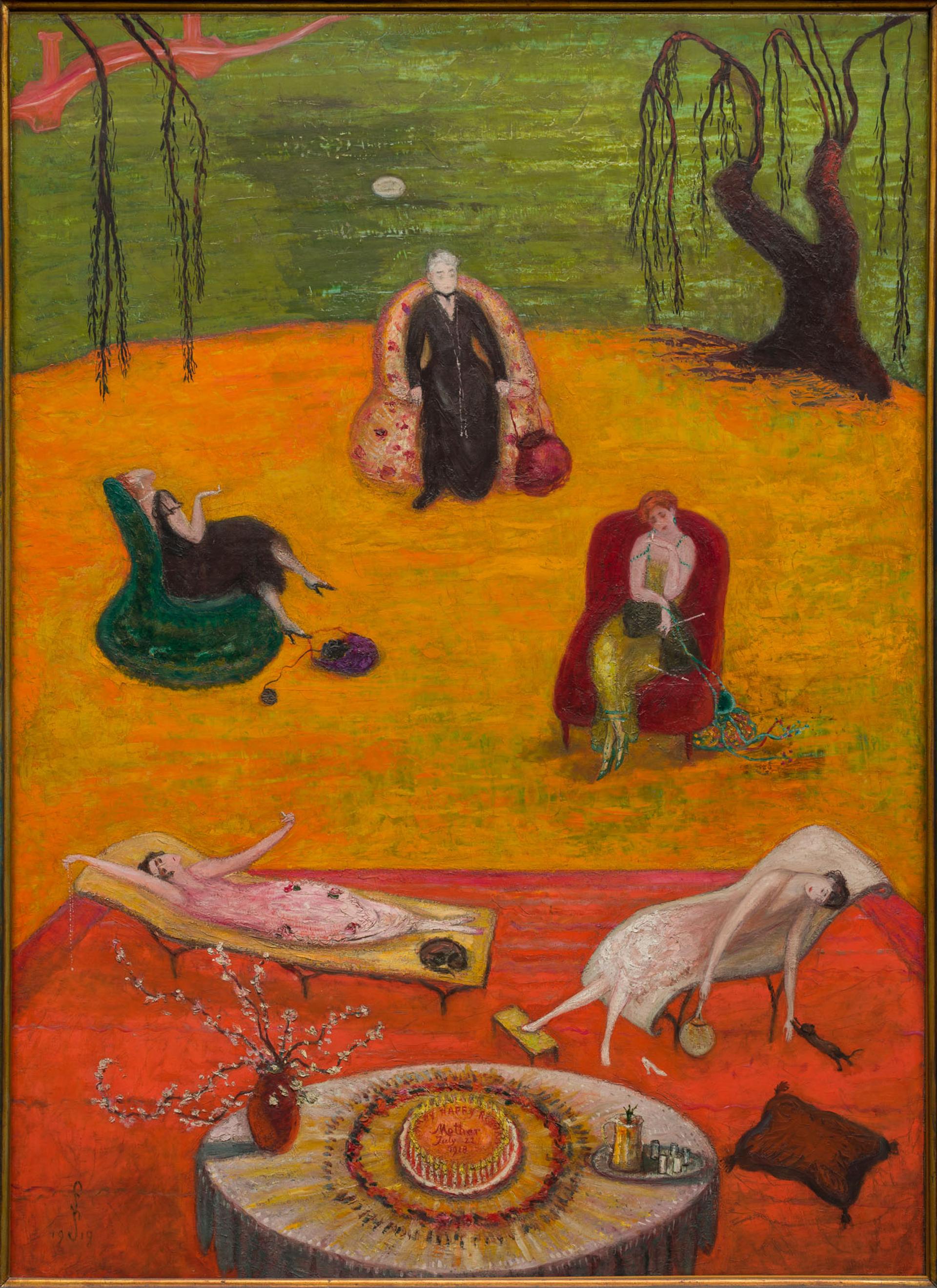 Painted scene of five figures lounging on furniture, set against a green, yellow, and orange background, with a birthday cake on a table in the foreground.