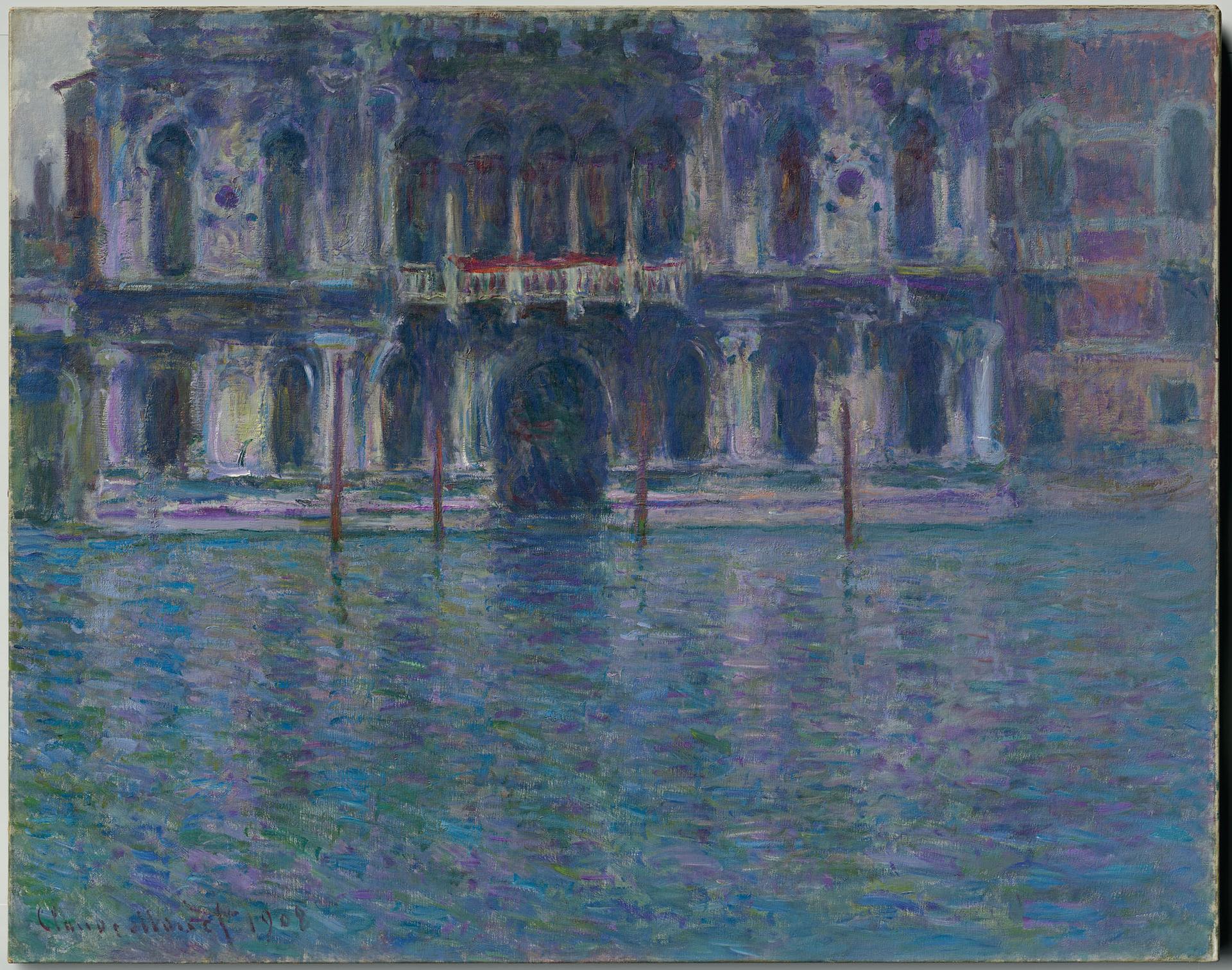 Impressionist painting depicting a Venetian palace reflecting in water